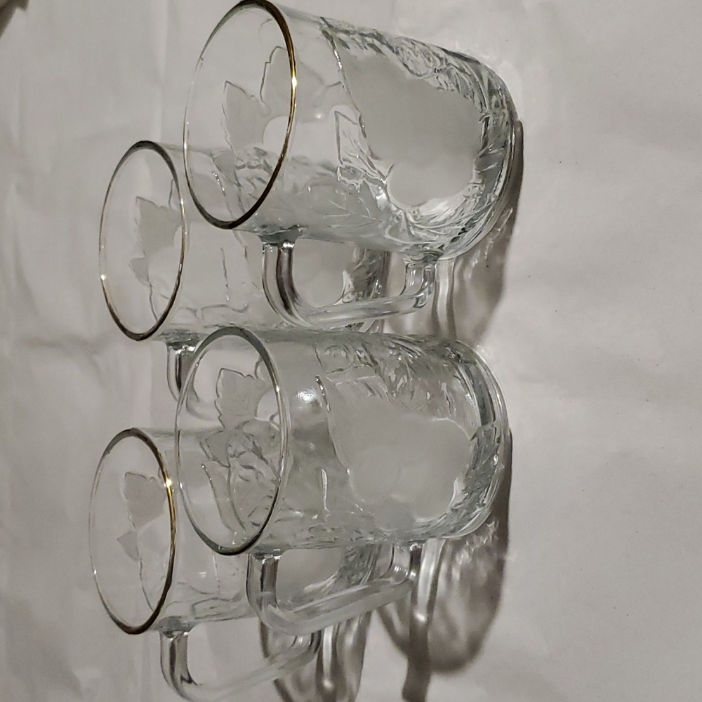 4 ELEMENTS Winter Garden Gold Trimmed Embossed Fruit Frosted Glass Mugs